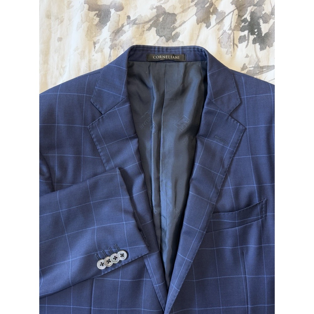Corneliani Navy Windowpane Suit Jacket Sport Coat Blazer 100% Wool Made In Italy